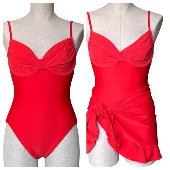 Oscar De La Renta Red Ruched Mesh Swimsuit Sz 12 With Matching Sarong Sz M - Picture 1 of 7